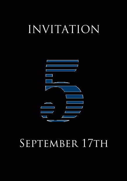 5th anniversary online invitation card with large 5 in cool blue animated stripes Black.