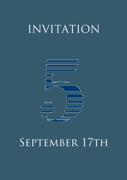 5th anniversary online invitation card with large 5 in cool blue animated stripes Blue.