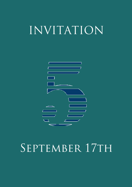 5th anniversary online invitation card with large 5 in cool blue animated stripes Green.