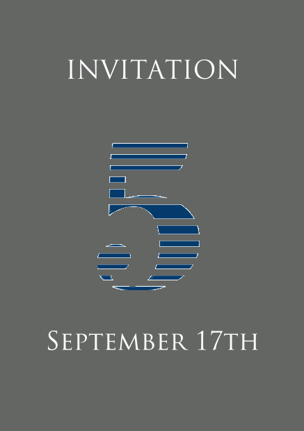 5th anniversary online invitation card with large 5 in cool blue animated stripes Grey.