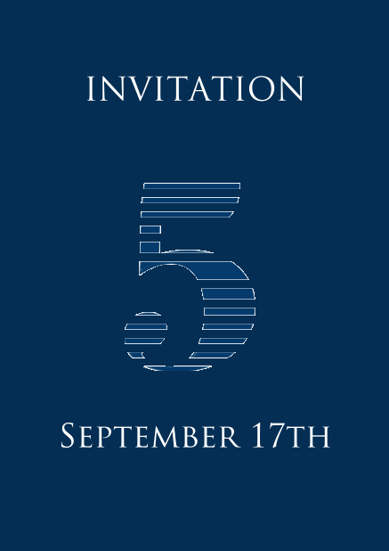 5th anniversary online invitation card with large 5 in cool blue animated stripes Navy.