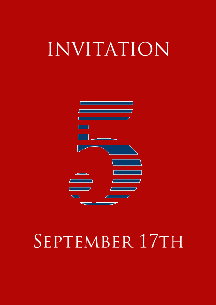 5th anniversary online invitation card with large 5 in cool blue animated stripes Red.