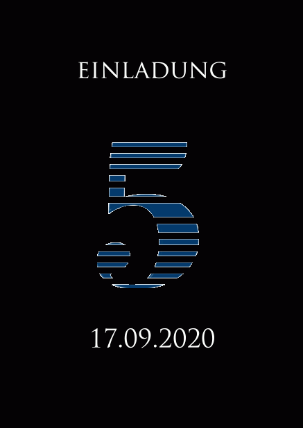 Online Einladungskarte zum 5. Jubiläum mit einer Zahl 5 mit coolen blau animierten Streifen. Schwarz.