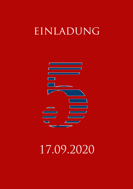 Online Einladungskarte zum 5. Jubiläum mit einer Zahl 5 mit coolen blau animierten Streifen. Rot.