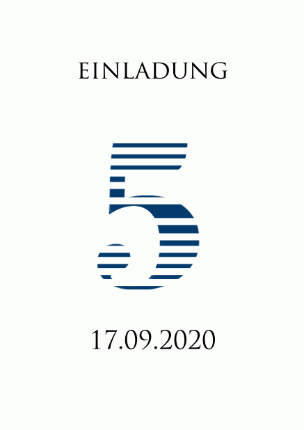 Online Einladungskarte zum 5. Jubiläum mit einer Zahl 5 mit coolen blau animierten Streifen. Weiss.