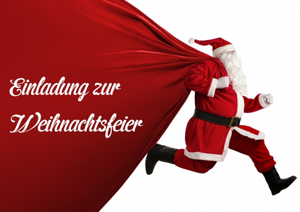 Papierlose Einladungskarte zur Weihnachtsfeier mit laufendem Weihnachtsmann mit großem Sack