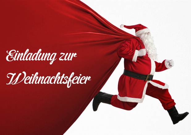 Einladungskarte zur Weihnachtsfeier mit laufendem Weihnachtsmann mit großem Sack