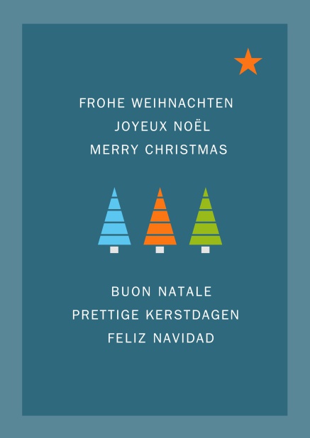 Online Blaue Weihnachtskarte mit drei bunten Weihnachtsbäumen und Frohe Weihnachten Text in verschiedenen Sprachen