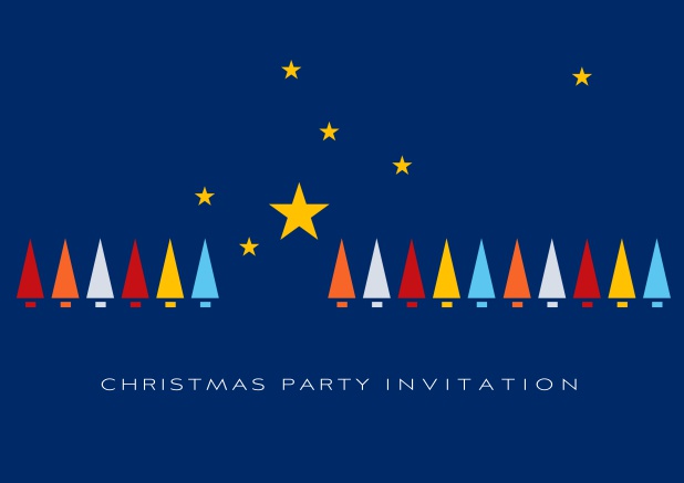 Online Christmas Party invitation card with a row of colorful Christmas Trees and golden Stars.