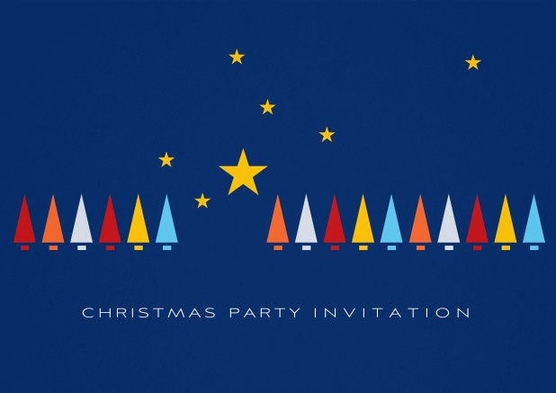 Christmas Party invitation card with a row of colorful Christmas Trees and golden Stars.