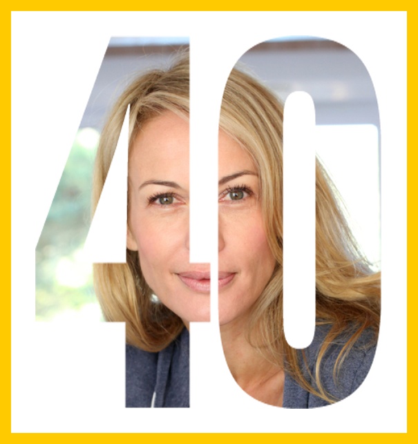 Online Einladungskarte zum 40. Geburtstag mit grosser ausgeschnittenen Zahl 40 für ein eigenes Foto. Gelb.