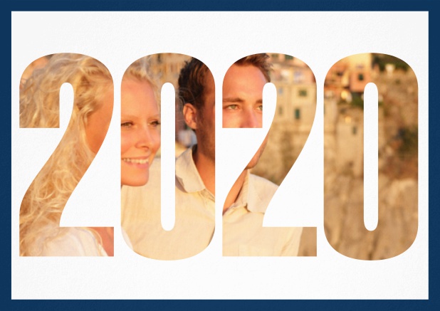 Save the date card with cut out 2020 for own photo. Navy.