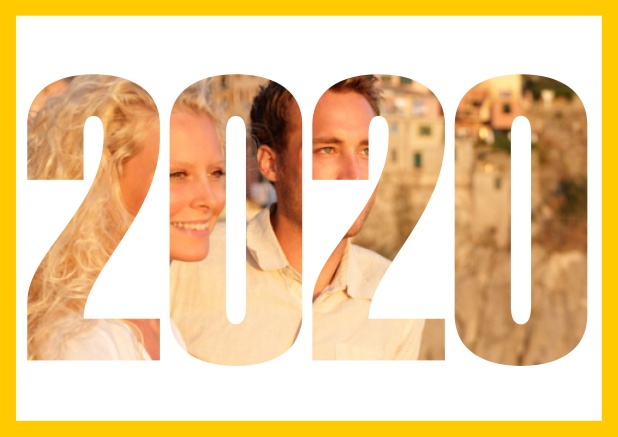 Paperless online Save the date card with cut out 2020 for own photo. Yellow.