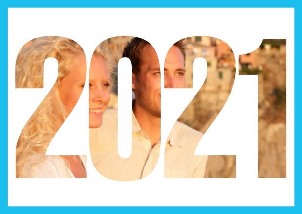 2021 Jahreskarte quer - Blau - Hochzeits Save the Dates Online Save the Date Karte mit ausgeschnittener 2021 für ein eigenes Foto Blau.