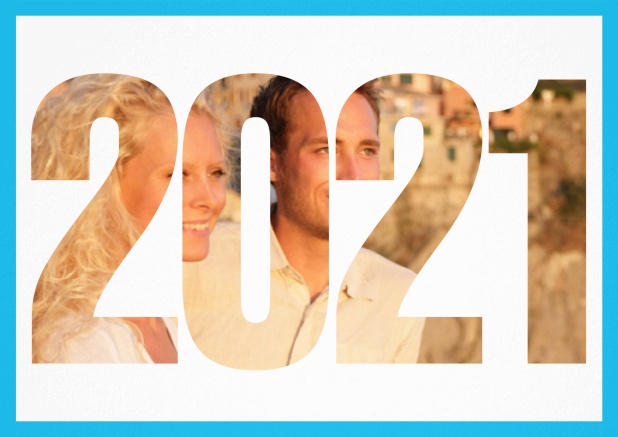 2021 Jahreskarte quer - Blau - Hochzeits Save the Dates Save the Date Karte mit ausgeschnittener 2021 für ein eigenes Foto Blau.