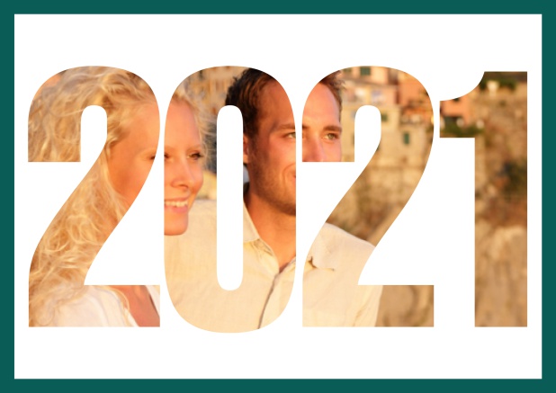 2021 Jahreskarte quer - Grün - Hochzeits Save the Dates Online Save the Date Karte mit ausgeschnittener 2021 für ein eigenes Foto Grün.