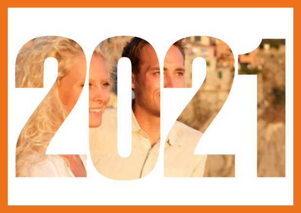 Online Save the Date Karte mit ausgeschnittener 2021 für ein eigenes Foto Orange.