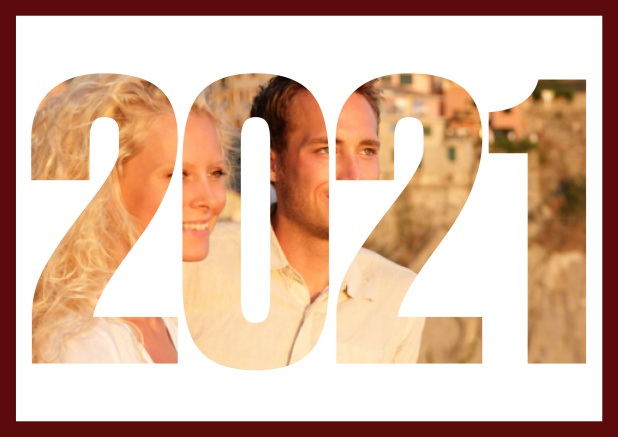 2021 Jahreskarte quer - Rot - Hochzeits Save the Dates Online Save the Date Karte mit ausgeschnittener 2021 für ein eigenes Foto Rot.