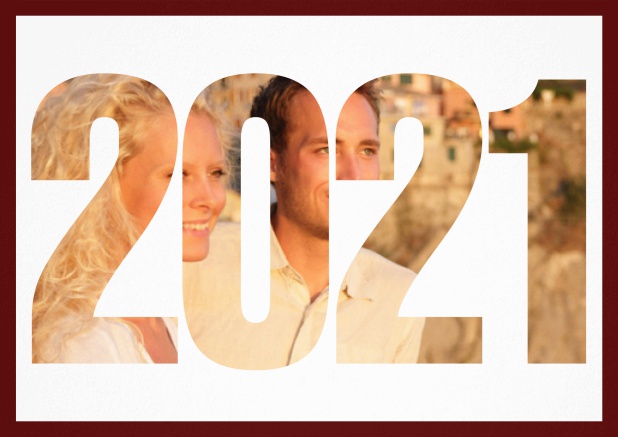 2021 Jahreskarte quer - Rot - Hochzeits Save the Dates Save the Date Karte mit ausgeschnittener 2021 für ein eigenes Foto Rot.