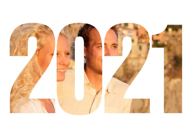 2021 Jahreskarte quer - Weiss - Hochzeits Save the Dates Online Save the Date Karte mit ausgeschnittener 2021 für ein eigenes Foto Weiss.