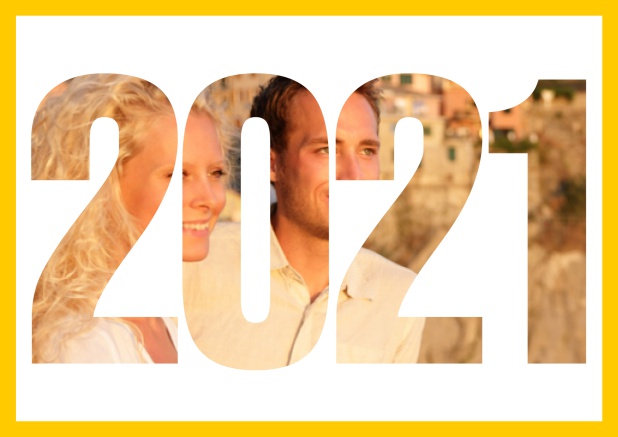 2021 Jahreskarte quer - Gelb - Hochzeits Save the Dates Online Save the Date Karte mit ausgeschnittener 2021 für ein eigenes Foto Gelb.