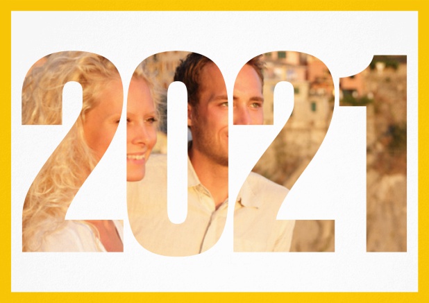 Save the Date Karte mit ausgeschnittener 2021 für ein eigenes Foto Gelb.