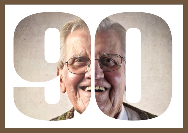 Online Einladungskarte in Querformat zum 90. Geburtstag oder Jubiläum mit ausgeschnittener Zahl 90 für ein eigenes Foto.