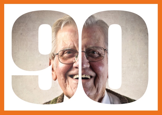 Online Einladungskarte in Querformat zum 90. Geburtstag oder Jubiläum mit ausgeschnittener Zahl 90 für ein eigenes Foto. Orange.