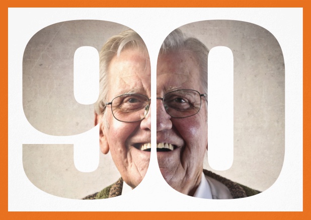 Einladungskarte zum 90. Geburtstag oder Jubiläum mit ausgeschnittener Zahl 90 für ein eigenes Foto. Orange.