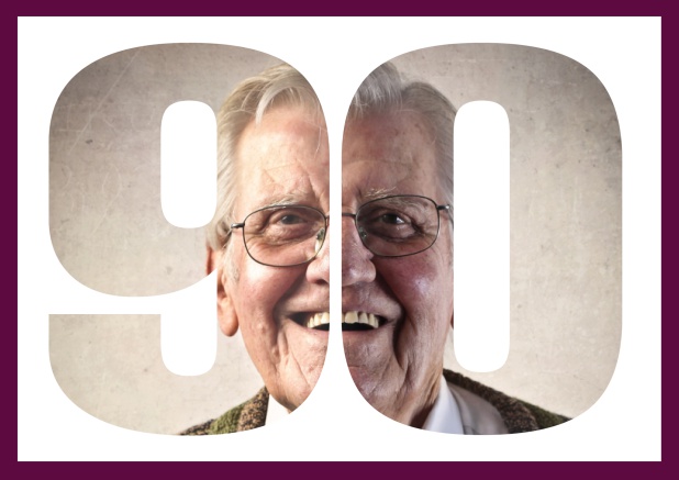Online Einladungskarte in Querformat zum 90. Geburtstag oder Jubiläum mit ausgeschnittener Zahl 90 für ein eigenes Foto. Lila.