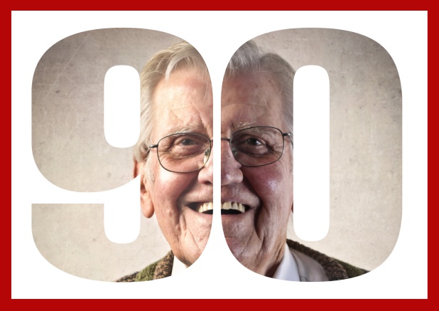Online Einladungskarte in Querformat zum 90. Geburtstag oder Jubiläum mit ausgeschnittener Zahl 90 für ein eigenes Foto. Rot.