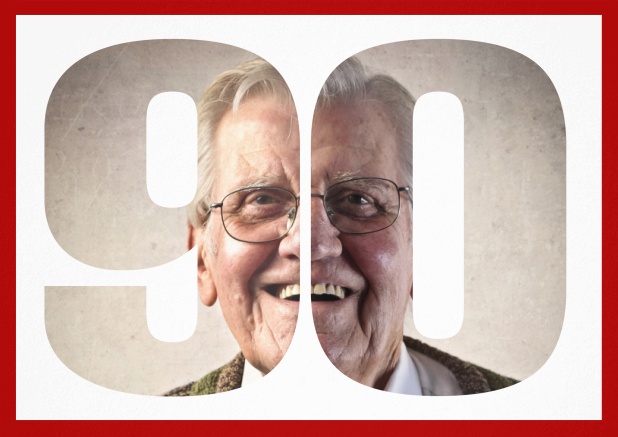 Einladungskarte zum 90. Geburtstag oder Jubiläum mit ausgeschnittener Zahl 90 für ein eigenes Foto. Rot.