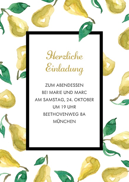 Online Einladungskarte mit Birne Schwarz.