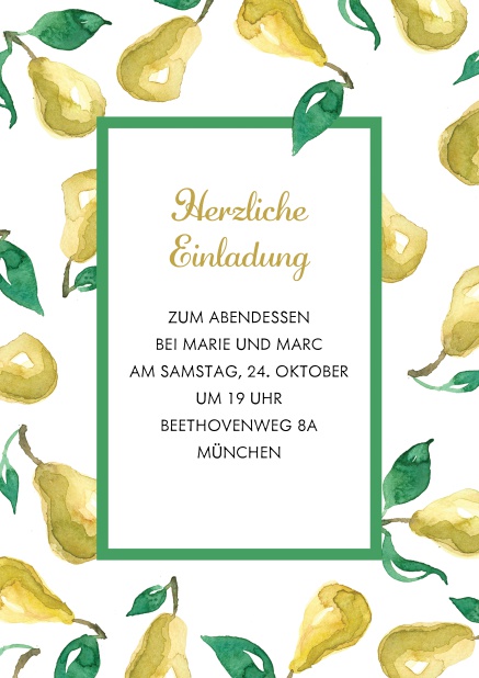 Online Einladungskarte mit Birne Grün.