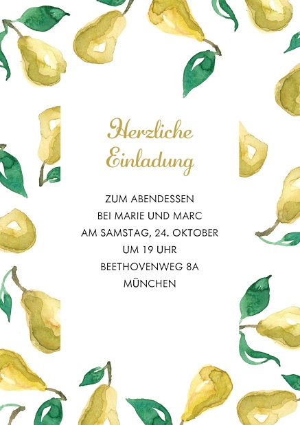 Online Einladungskarte mit Birne Weiss.