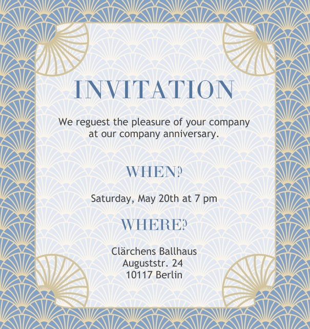 Online Invitation with Art-Deco shell ornament decorations Blue.