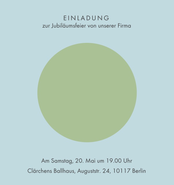 Online Einladungskarte mit grossem grünem Kreis Blau.