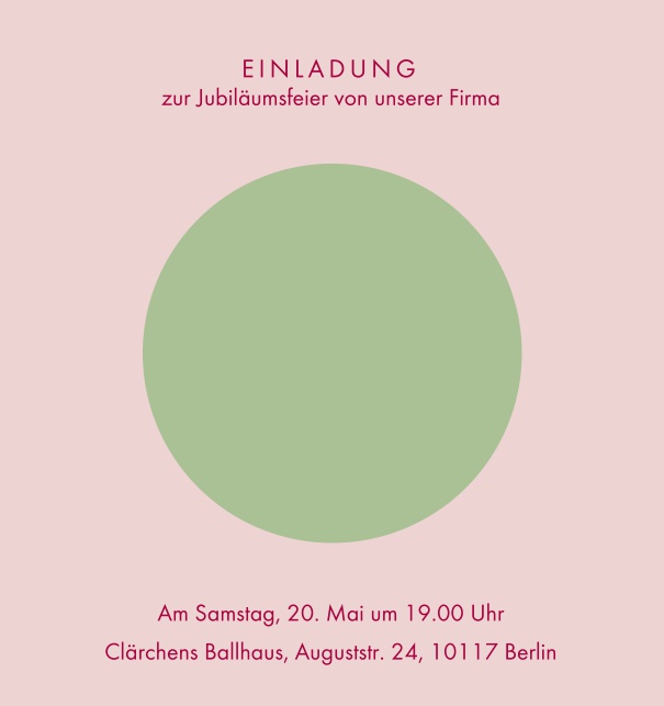 Online Einladungskarte mit grossem grünem Kreis Rosa.