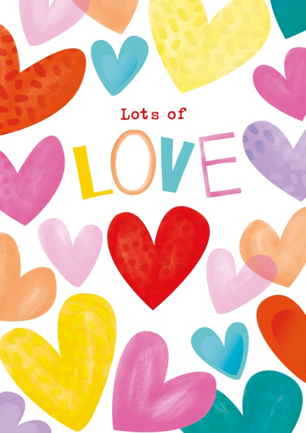 Online Liebesgrusskarte mit lots of love und bunten Herzchen