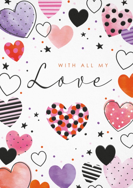 Greeting card with colorful hearts and With All my Love text
