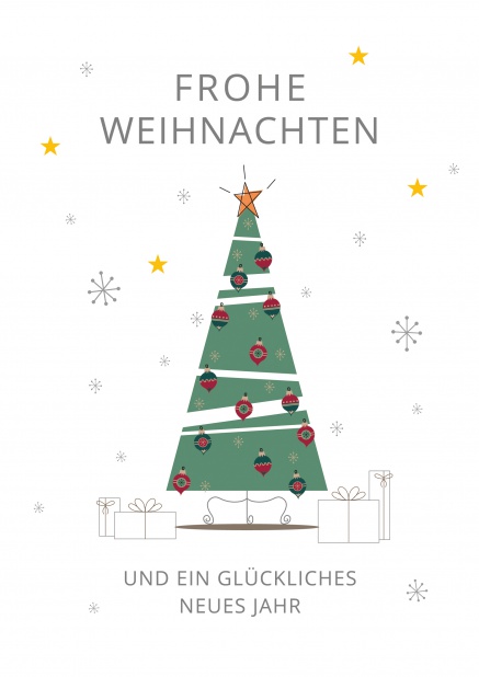 Helle Online Weihnachtskarte mit Weihnachtsbaum mit Ornamenten und Sterchen und Schnee