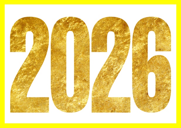 Online Neujahrskarte mit ausgeschnittener 2026 Gelb.