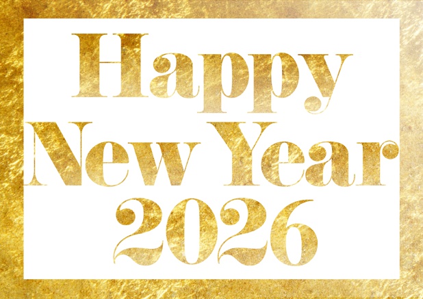 Online Neujahrskarte mit ausgeschnittener Happy New Year 2026 und goldener 2. Karte.