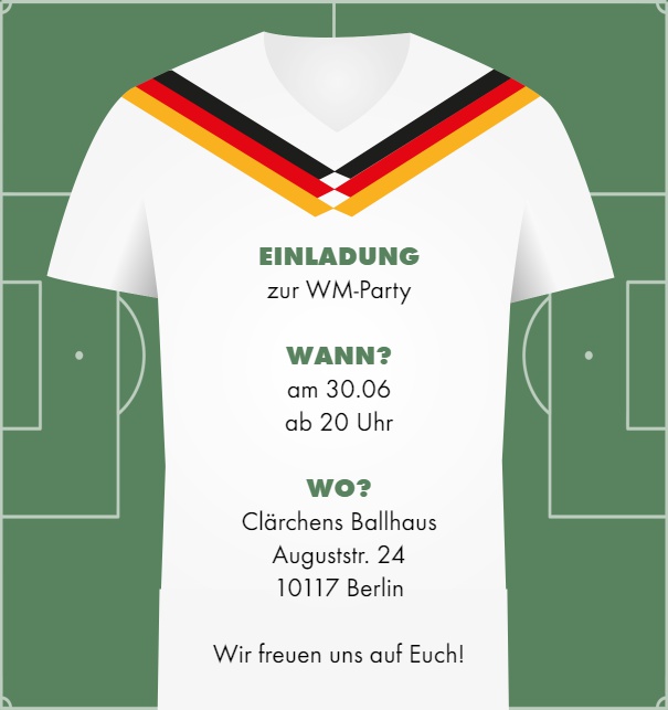 Online Einladungskarte gestaltet mit WM26 Deutschland Trikot