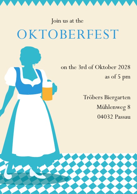 Oktoberfest online invitation card with a dirndl. Blue.