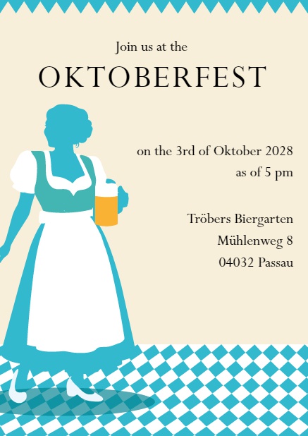 Oktoberfest online invitation card with a dirndl. Green.