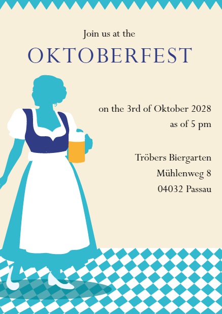 Oktoberfest online invitation card with a dirndl. Navy.