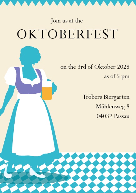 Oktoberfest online invitation card with a dirndl. Purple.