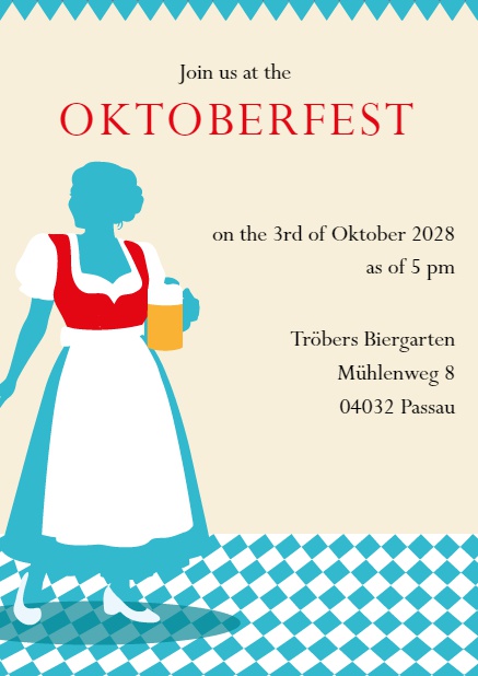 Oktoberfest online invitation card with a dirndl. Red.