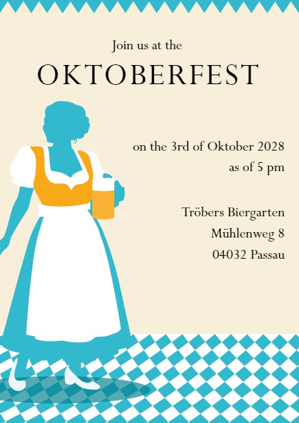 Oktoberfest online invitation card with a dirndl. Yellow.